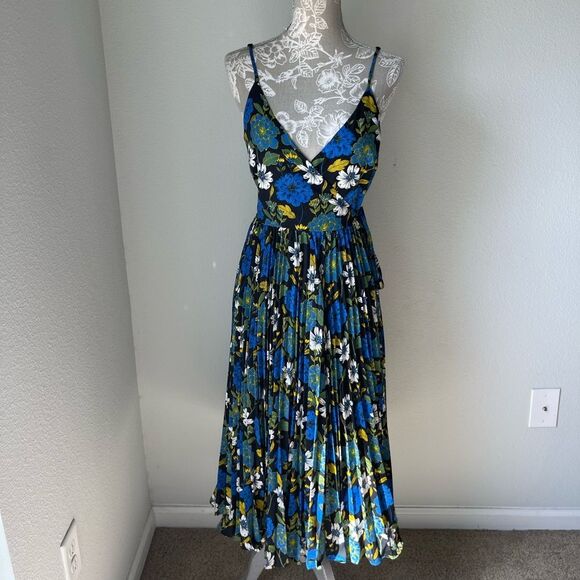Lost + Wander Floral Pleated Midi Wrap Dress in Black with Multicolor Floral - Picture 1 of 9